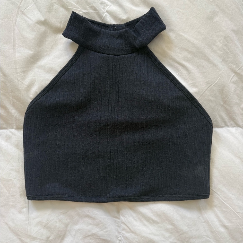 Free people movement navy blue ribbed high neck crop top.